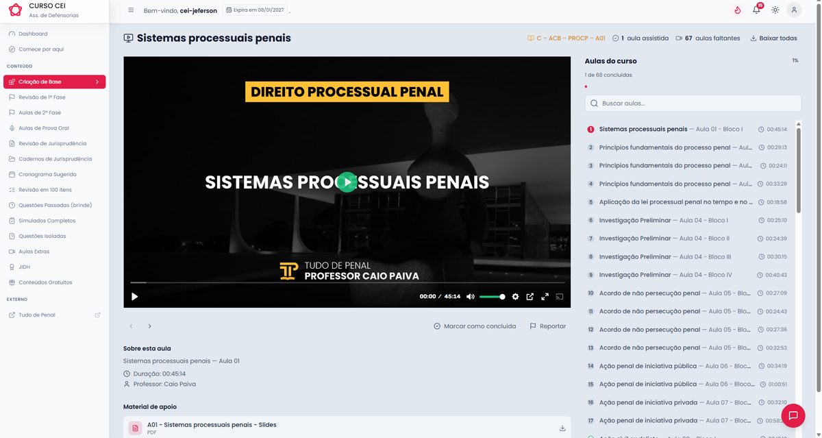 Player de videoaula com lista de aulas na plataforma CEI