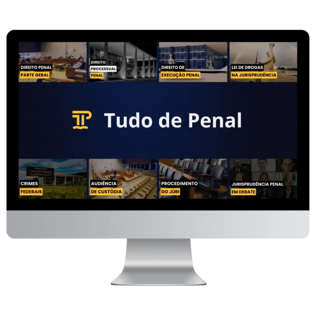 Mockup iMac plataforma Tudo de Penal com 8 miniaturas de aulas