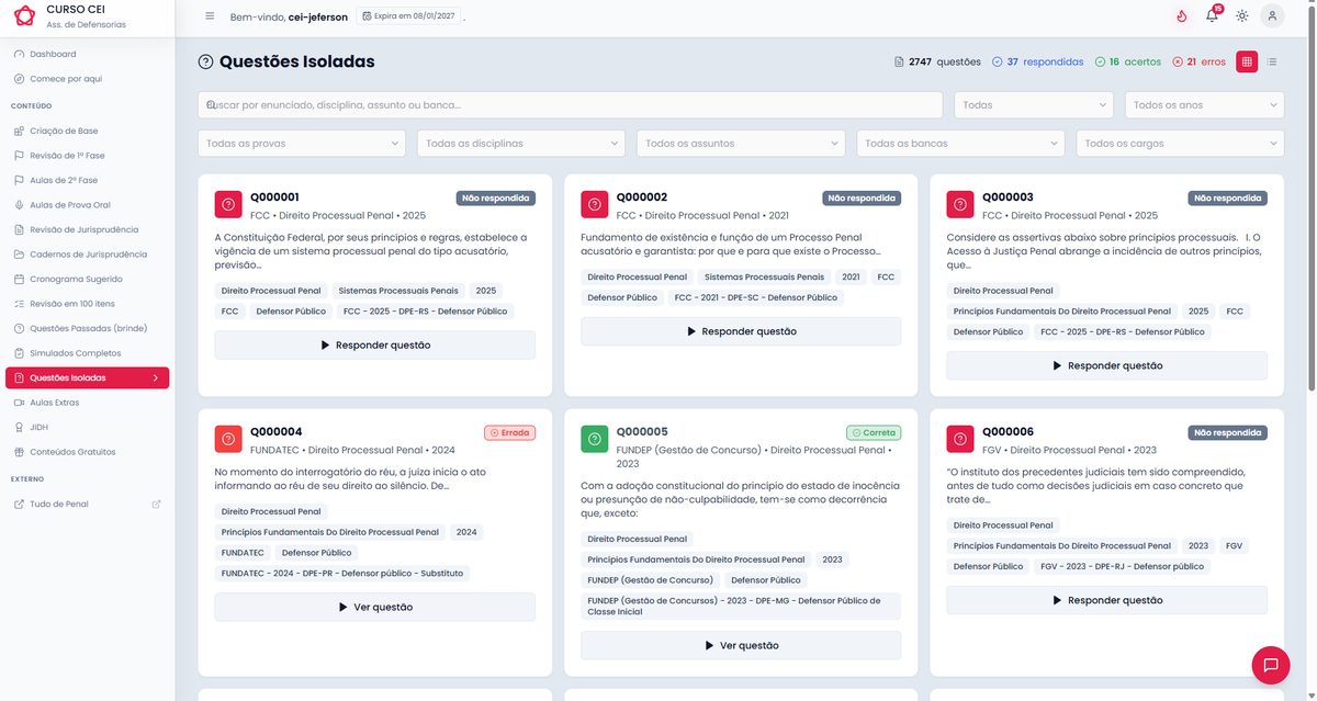 Banco de questões com filtros por banca, ano e assunto